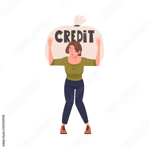 Severity of Mortgage with Woman Holding Huge Sack as Heavy Burden of Credit Vector Illustration