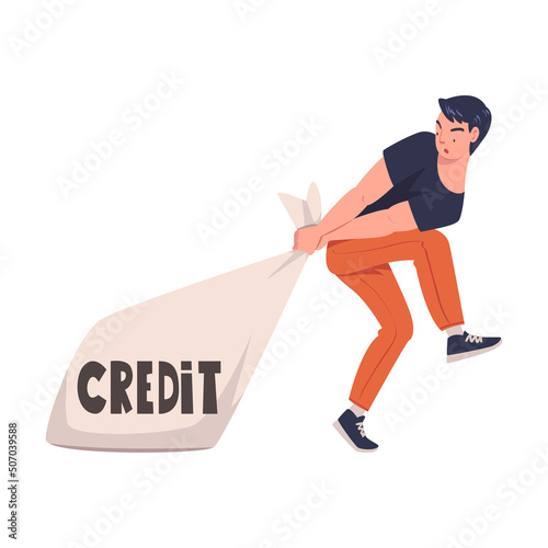 Severity of Mortgage with Man Pulling Huge Sack as Heavy Burden of Credit Vector Illustration