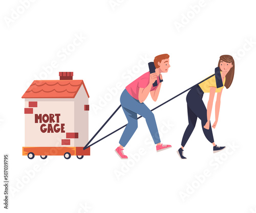 Severity of Mortgage with Tired Man and Woman Pulling House on Trolley as Heavy Burden of Credit Vector Illustration