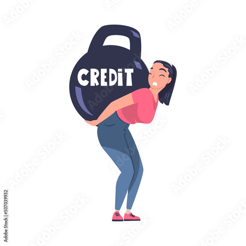 Severity of Mortgage with Woman Holding Huge Kettlebell as Heavy Burden of Credit Vector Illustration