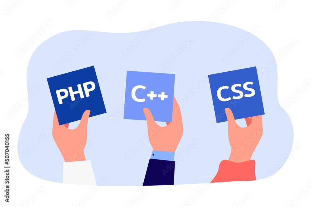 Hands holding symbols of different programming languages. Programmers using software for coding flat vector illustration. Programming, engineering, technology concept for banner or landing page Hands holding symbols of different programming languages. Programmers using software for coding flat vector illustration. Programming, engineering, technology concept for banner or landing page