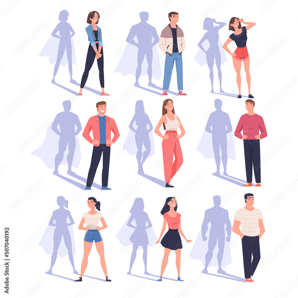 Shadow of Superhero with People Character Standing and Smiling Vector Set