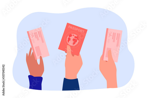 Hands of passengers holding passport and plane tickets. People with boarding pass and international passport flat vector illustration. Traveling, tourism, vacation concept for banner or landing page