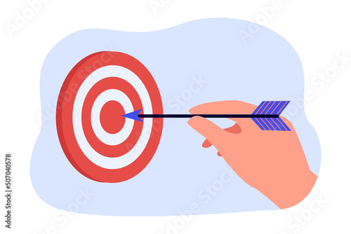 Hand holding dart close to target. Person with idea, goal or aim flat vector illustration. Motivation, marketing, challenge, success concept for banner, website design or landing web page