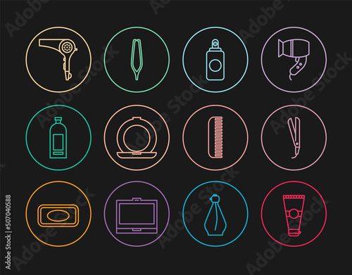 Set line Lotion cosmetic tube, Curling iron, Spray can, Makeup powder with mirror, Bottle of shampoo, Hair dryer, Hairbrush and Eyebrow tweezers icon. Vector