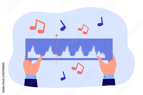 Hands of music producer holding audio track. Person making or recording song, flying note symbols flat vector illustration. Music, production, media concept for banner, website design or landing page