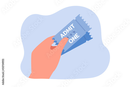 Hand holding two blue retro movie tickets. Person going to cinema or movie theatre flat vector illustration. Cinema, entertainment, leisure concept for banner, website design or landing web page