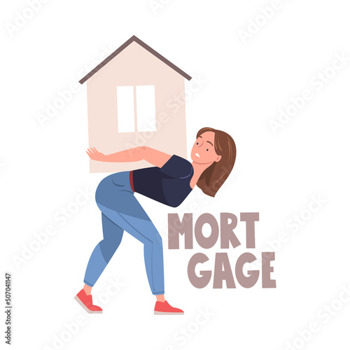 Severity of Mortgage with Woman Carrying House as Heavy Burden of Credit Vector Illustration