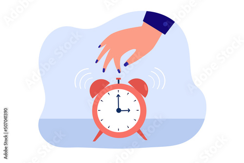Female hand turning off alarm clock. Alarm clock or timer ringing in morning flat vector illustration. Time management, daily routine, deadline concept for banner, website design or landing web page
