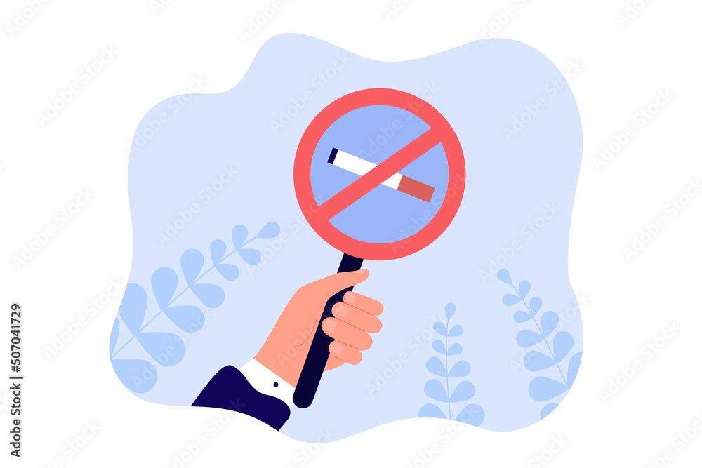 Hand holding no smoking sign. Prohibition of cigarettes, warning, bad habit flat vector illustration. Addiction, danger, health concept for banner, website design or landing web page Hand holding no smoking sign. Prohibition of cigarettes, warning, bad habit flat vector illustration. Addiction, danger, health concept for banner, website design or landing web page