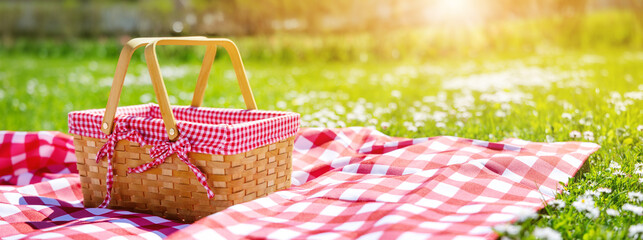 Picnic duvet with empty bascket on the meadow in nature.