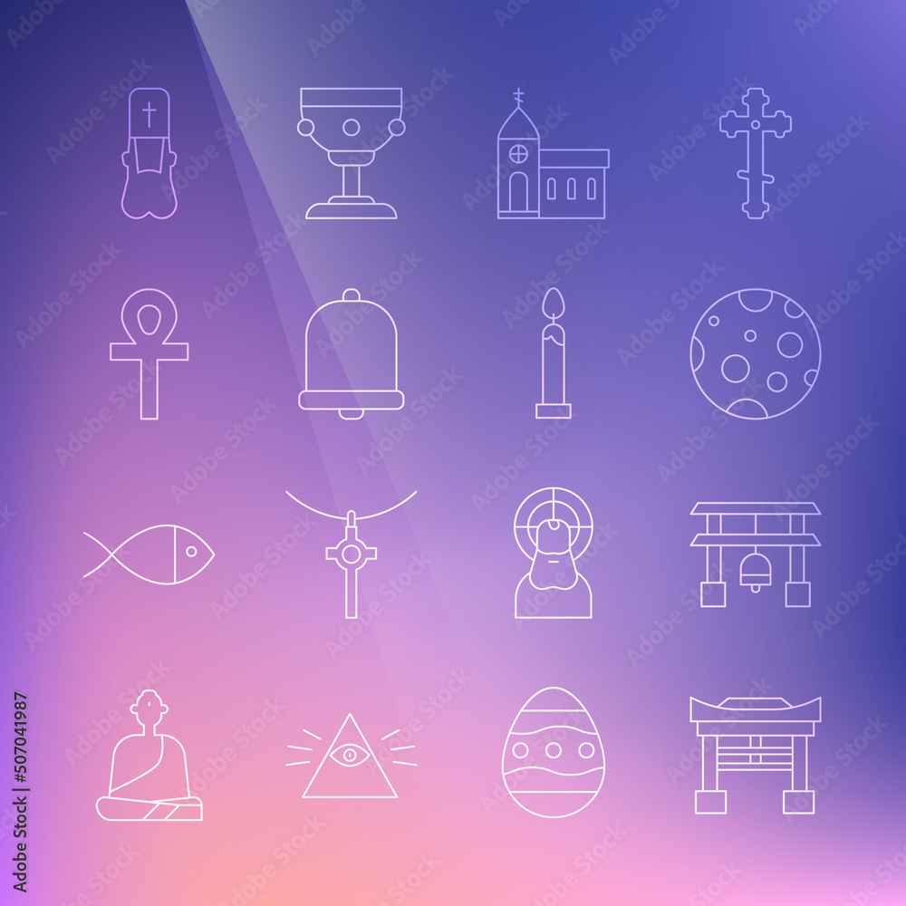 Set line Japan Gate, Moon, Church building, bell, Cross ankh, Priest and Burning candle icon. Vector Set line Japan Gate, Moon, Church building, bell, Cross ankh, Priest and Burning candle icon. Vector