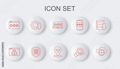 Set line Cloud and shield, Browser with exclamation mark, Laptop password, Hand settings gear, Password protection, Cost reduction, Server and Location sales funnel icon. Vector