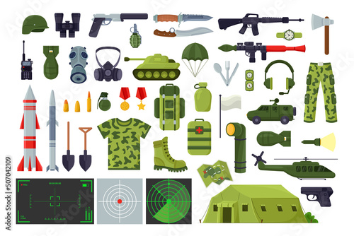 Military equipment illustration set. Collection of cartoon images of weapon, soldier uniform. War, battle, terrorism concept