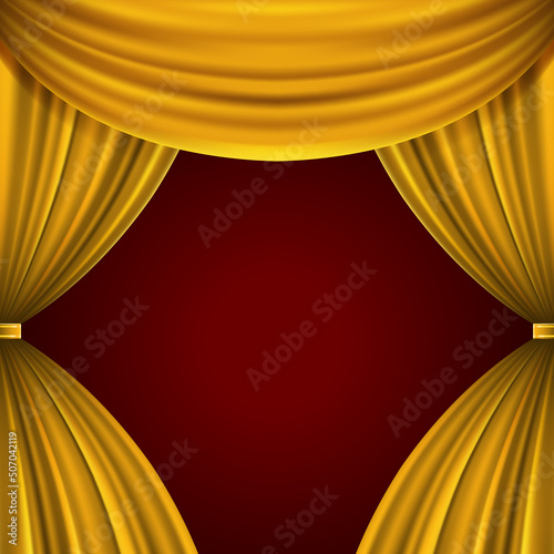Golden open theater curtain vector template. Velvet shade with yellow tint revealing stage in red banner space. Luxurious decoration presentation new product in classic concert style.
