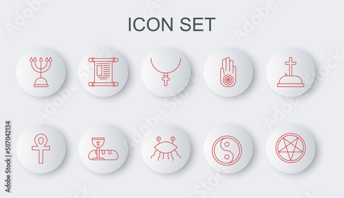 Set line Pentagram in a circle, Cross ankh, Christian cross on chain, Yin Yang, Hanukkah menorah, Decree, paper, parchment, scroll, First communion symbols and Pastafarianism icon. Vector photo