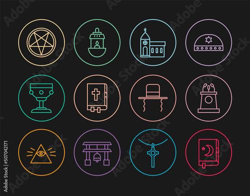 Set line Holy book of Koran, Stage stand tribune, Church building, bible, Christian chalice, Pentagram circle, Orthodox jewish hat with sidelocks and Ramadan Kareem lantern icon. Vector