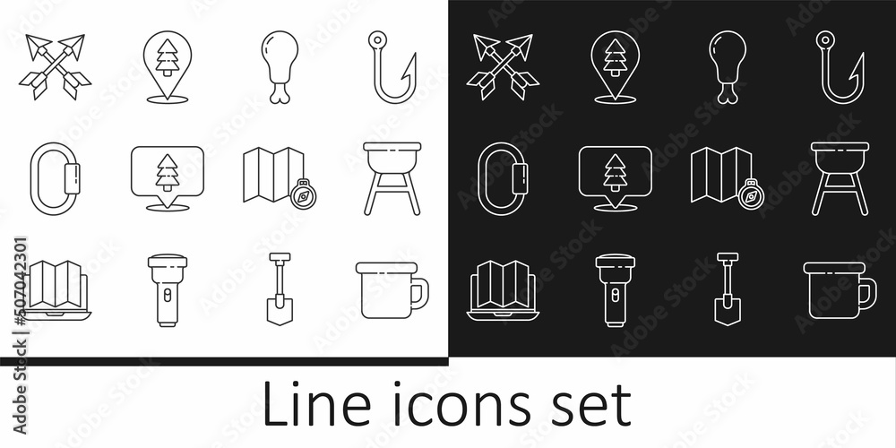 Set line Camping metal mug, Barbecue grill, Chicken leg, Location of the forest, Carabiner, Crossed arrows, map and icon. Vector