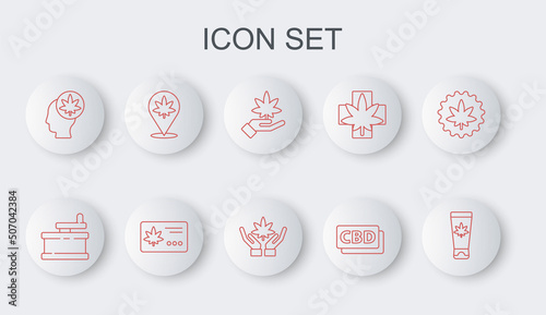 Set line Medical cream with marijuana, Manual grinder, Marijuana or cannabis leaf, Cannabis molecule, Head, Location and, Calendar and icon. Vector