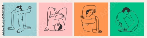 Four persons sitting or lying in different poses. Cute abstract disproportionate characters. Hand drawn modern Vector illustration. Cartoon trendy style. Every person is isolated