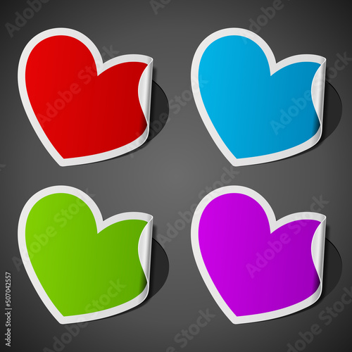 Hearts stickers multicolored vector realism. Red vibrant art with blue curled end. Romantic pastel green gradient for love confession and gift. Trendy bright pink shade for valentines day.