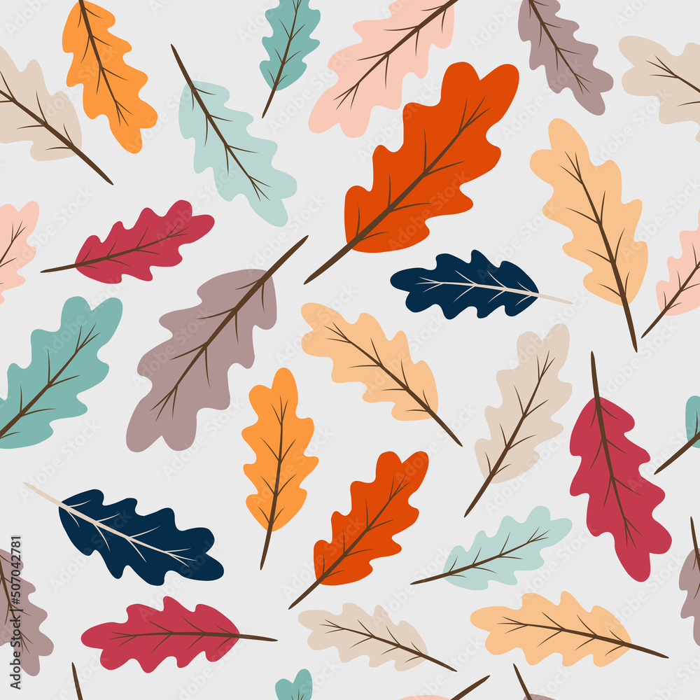 Fototapeta premium Seamless abstract pattern, ornament, autumn multicolored oak leaves vector texture background.