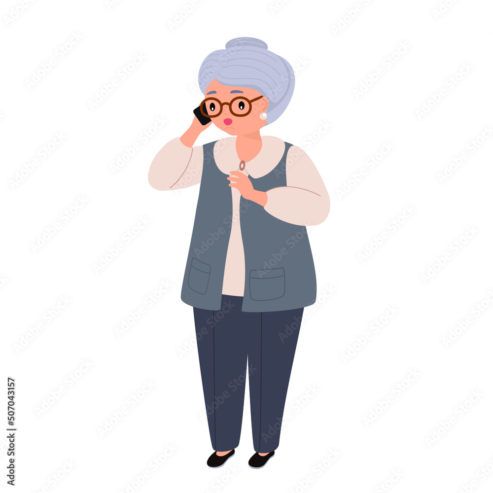 Vector character illustration of elderly woman talking on smartphone. Grandmother using mobile phone. Family, mobile internet, social media, modern communication technology concept. Vector character illustration of elderly woman talking on smartphone. Grandmother using mobile phone. Family, mobile internet, social media, modern communication technology concept.