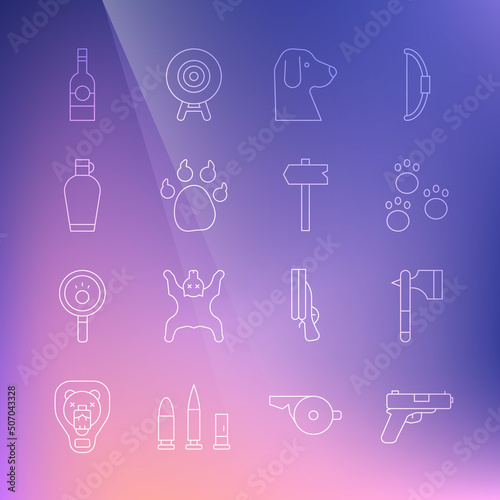 Set line Pistol or gun, Wooden axe, Paw print, Dog, Canteen water bottle, Bottle of vodka and Road traffic sign icon. Vector