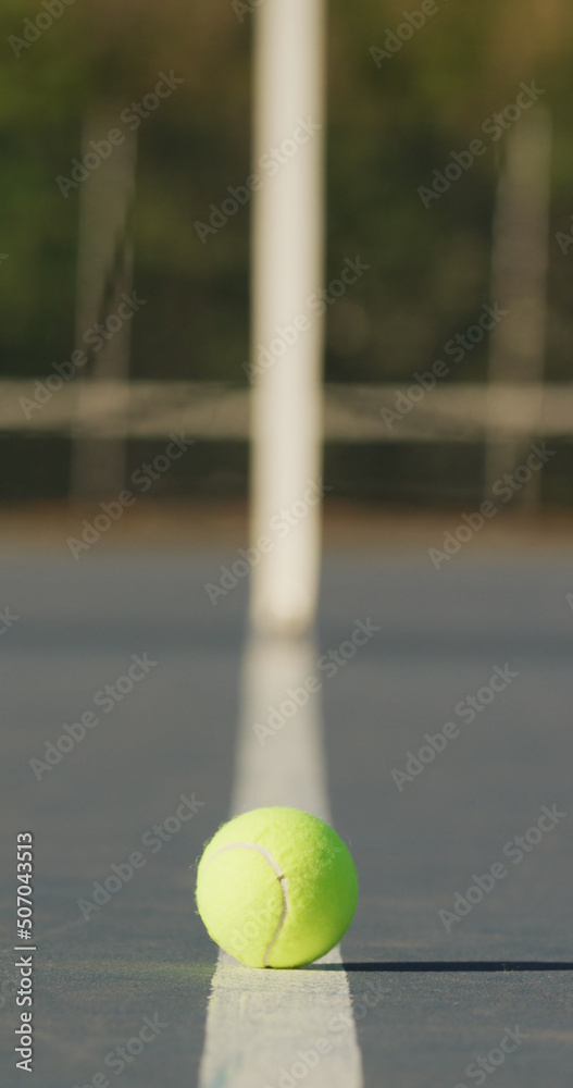 Vertical image of empty tennis court with net and tennis ball