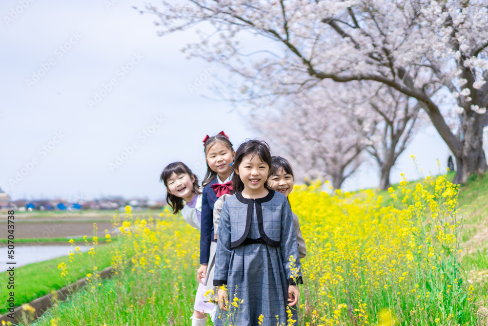 お花畑で仲良く遊ぶ小学生の女の子 お花畑で仲良く遊ぶ小学生の女の子