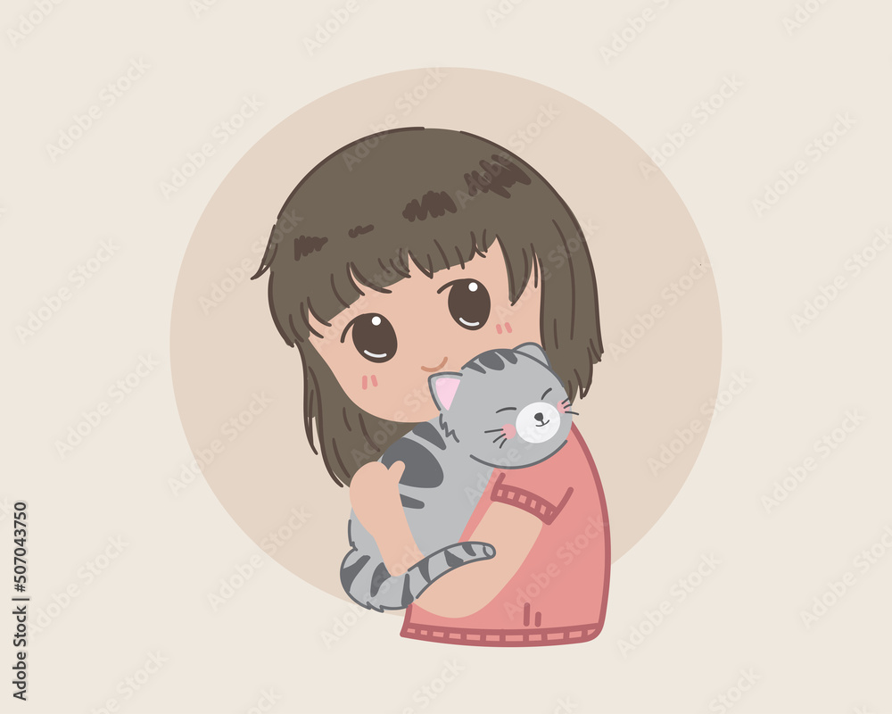 Girl hug pet cat cute cartoon illustration premium vector  