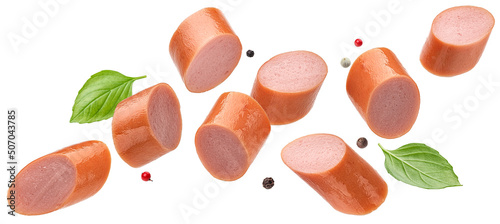 Sausage slices isolated on white background, full depth of field