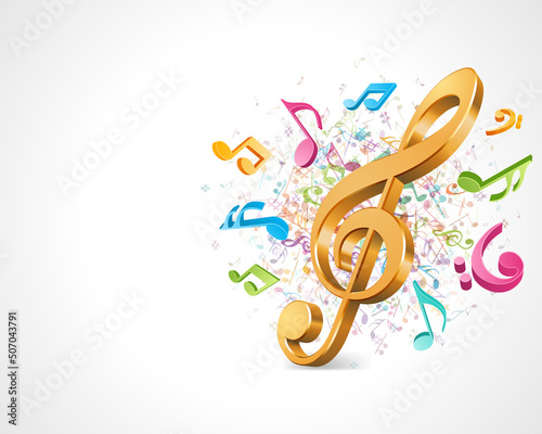 Orange 3d treble clef on abstract music vector background. Fireworks made of colored notes is symbol classical conservatory and modern music. Symphony volume design of art in creative songs.