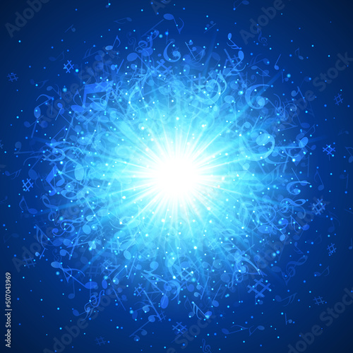 Bright star made of musical notes vector illustration. Dazzling blue light with flying symbols of music. Classical symphony of opera and modern rock aria to accompanied festival philharmonic.