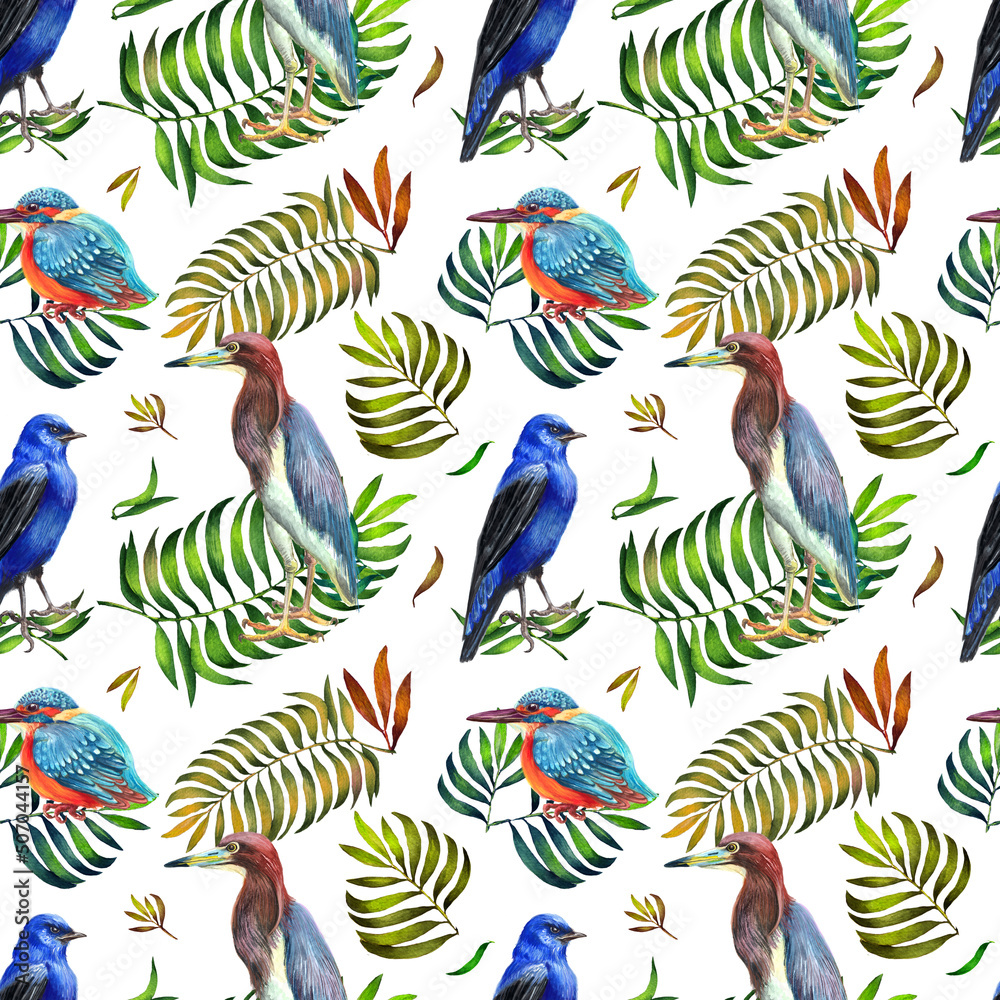Watercolor pattern with tropical birds and plants . White background.