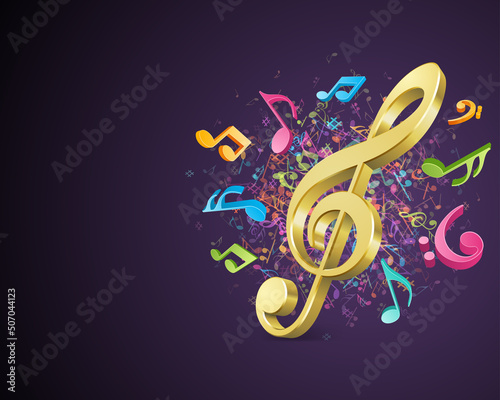 Orange 3d treble clef on abstract music vector background. Fireworks made of colored notes is symbol classical conservatory and modern music. Symphony volume design of art in creative songs.