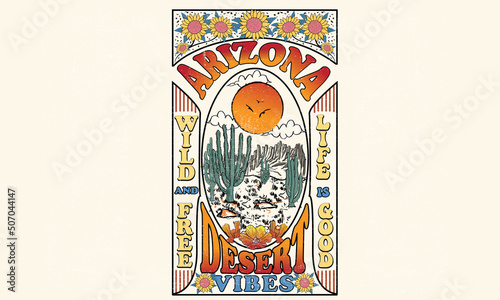Arizona adventure vector print design. Cactus and sunflower artwork for posters, stickers, background and others. Desert vibes illustration.