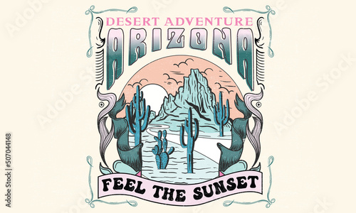 Desert adventure  t-shirt design.  Desert vibes vector graphic print design for apparel, stickers, posters, background and others. Wild vintage artwork.