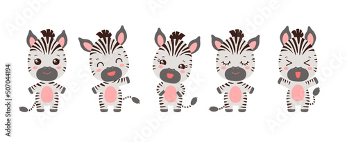 Cute kawaii zebra emoji icons. Adorable safari animal cartoon character mascot. Various emotions - cheerful, happy, calm, wawing hand. Funny little zebra vector illustration.