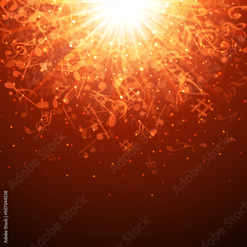 Sun rays from musical notes vector illustration. Bright yellow light with flying symbols creative music. Classical symphony of orchestra and modern rap style accompanied beautiful sound.