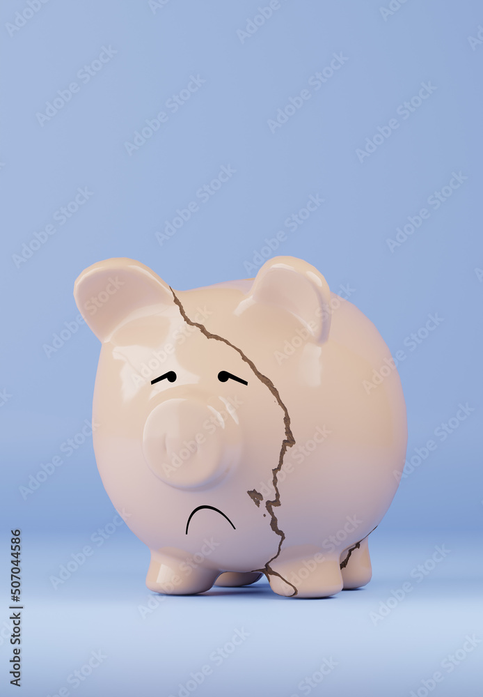 Big beige piggy bank with a crack on a blue wall with space for text, 3d rendering