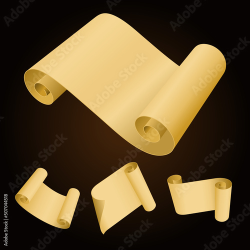 Unfolded paper scrolls vector template. Yellow blank parchment for historical and alchemical records. Retro script writing antique poetry and messages. Creative banner document and congratulations.