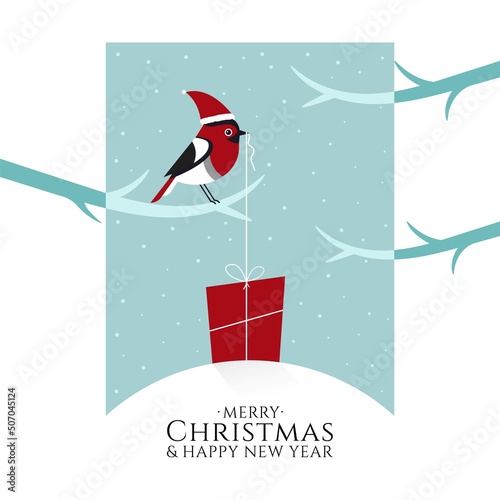 Merry Christmas and Happy New Year, Winter card with bird and gift box, Illustration of cute birds, Greeting cards, Posters, holiday covers. Design templates, minimalist style for web, social media.