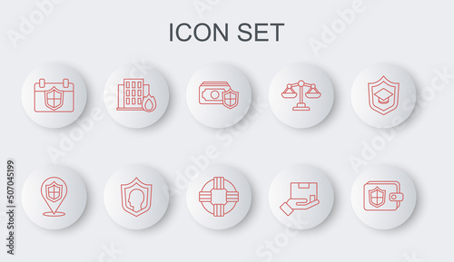 Set line Wallet with shield, Location, Money, Delivery insurance, Calendar, Fire burning house, Life and Lifebuoy icon. Vector