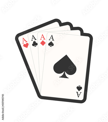 Playing cards four aces with black outline for games like poker and blackjack, roulette. Betting club and gambling, winning theme. Vector flat style.