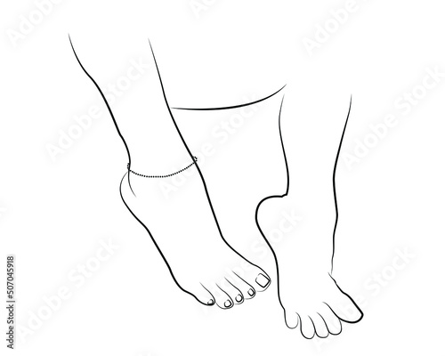 Beautiful woman feet with Anklet line drawing isolated on white background - vector illustration photo