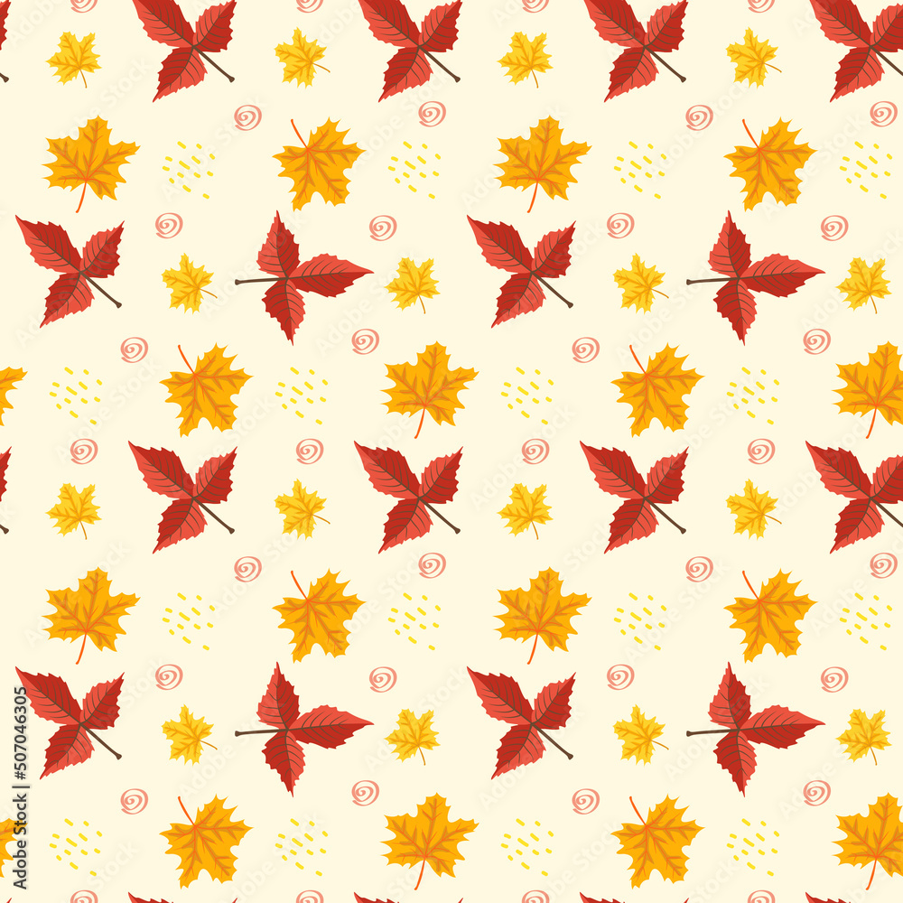 Seamless autumn pattern with orange maple leaves on yellow background. Bright fall print for textile and design. Vector flat illustration