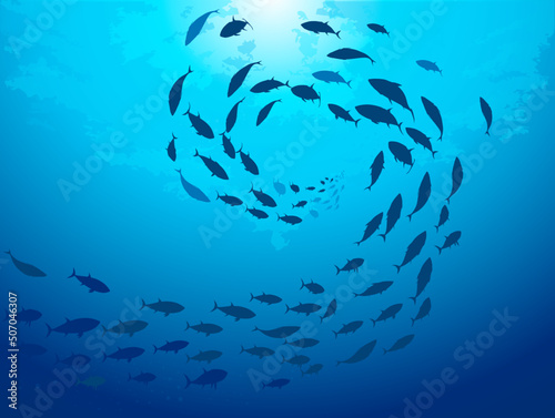 School of fish swimming under water of sea. School tuna fish swims in underwater	
