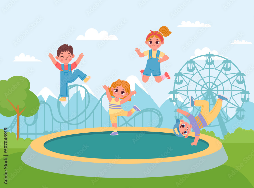 Fototapeta premium Happy kids on trampoline, jumping and enjoying