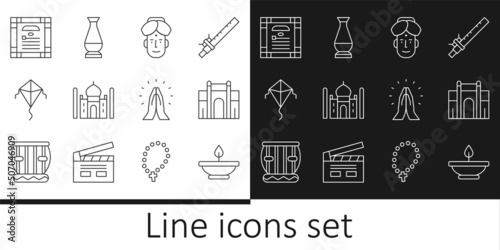 Set line Aroma lamp, India Gate in Delhi, Indian man, Taj Mahal, Kite, constitution day, Hands praying position and vase icon. Vector